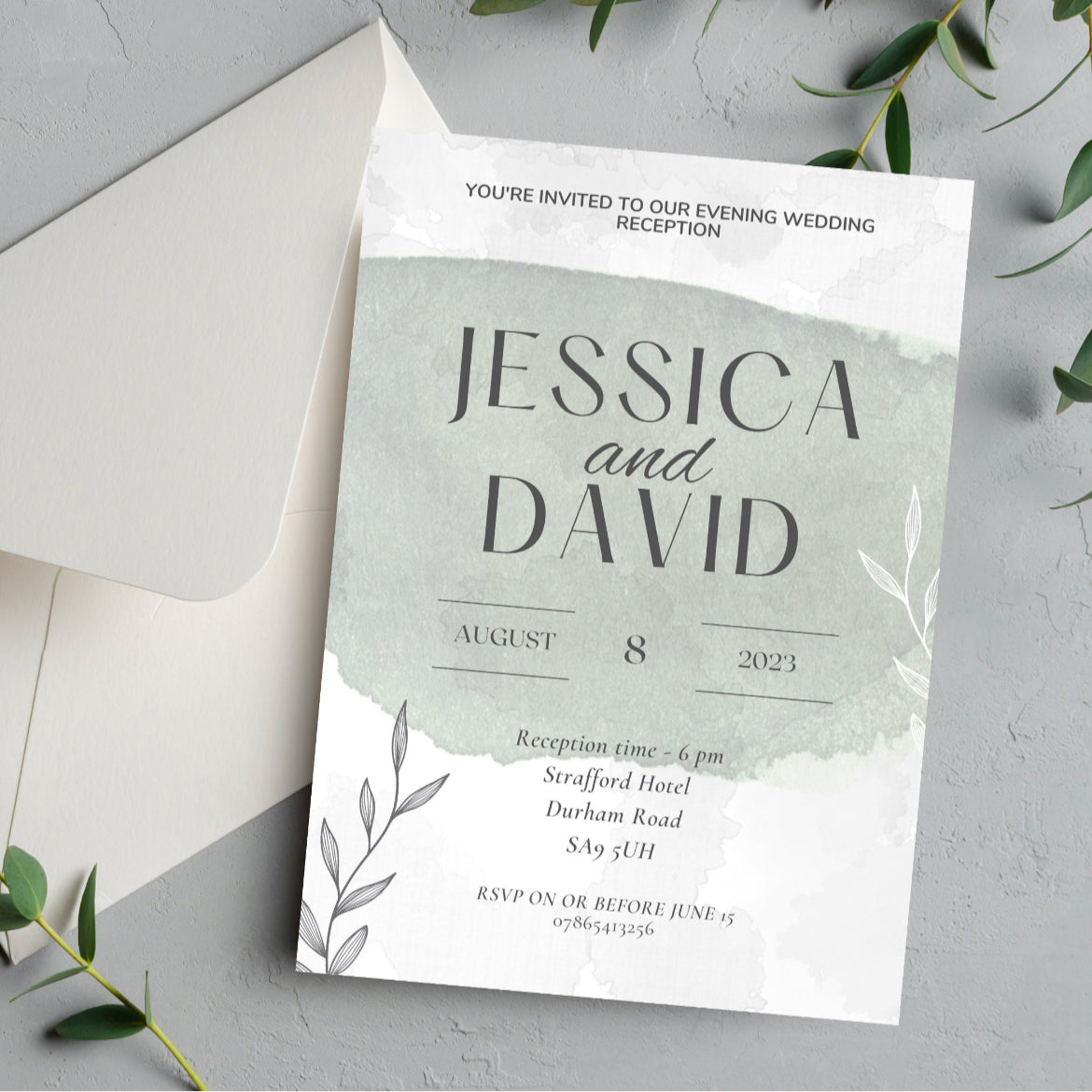 Botanical wedding and evening reception invitations