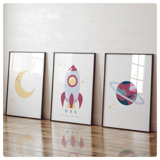 Space theme personalised set of 3 prints