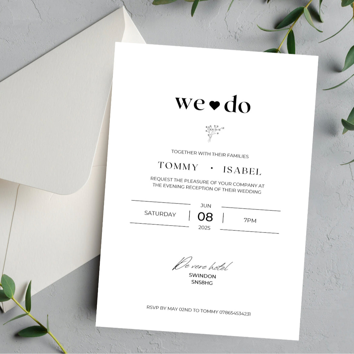 Black and white minimalist wedding and evening invitations