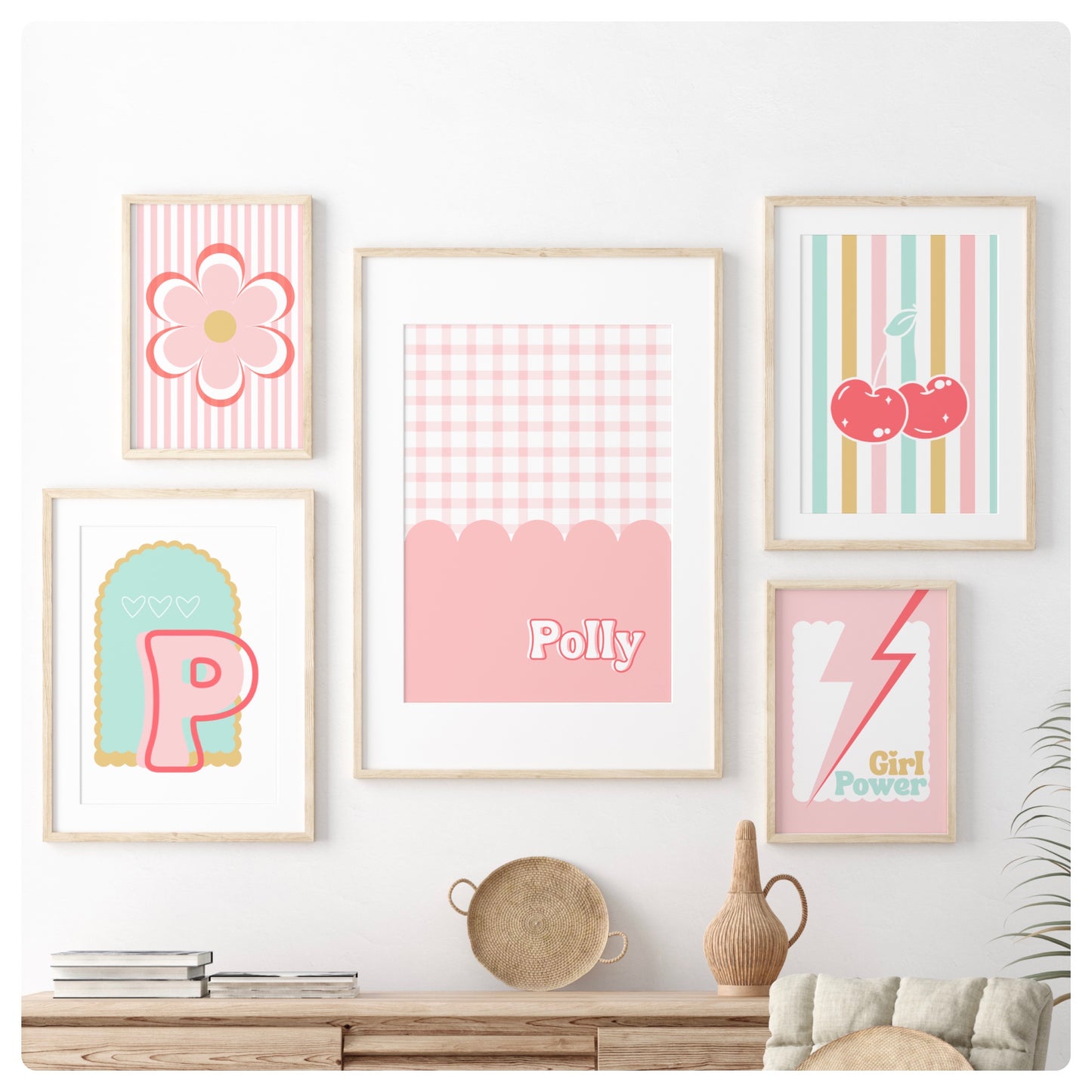 Set of 5 girly cherry prints. 1 A3, 2 A4 & 2 5x7