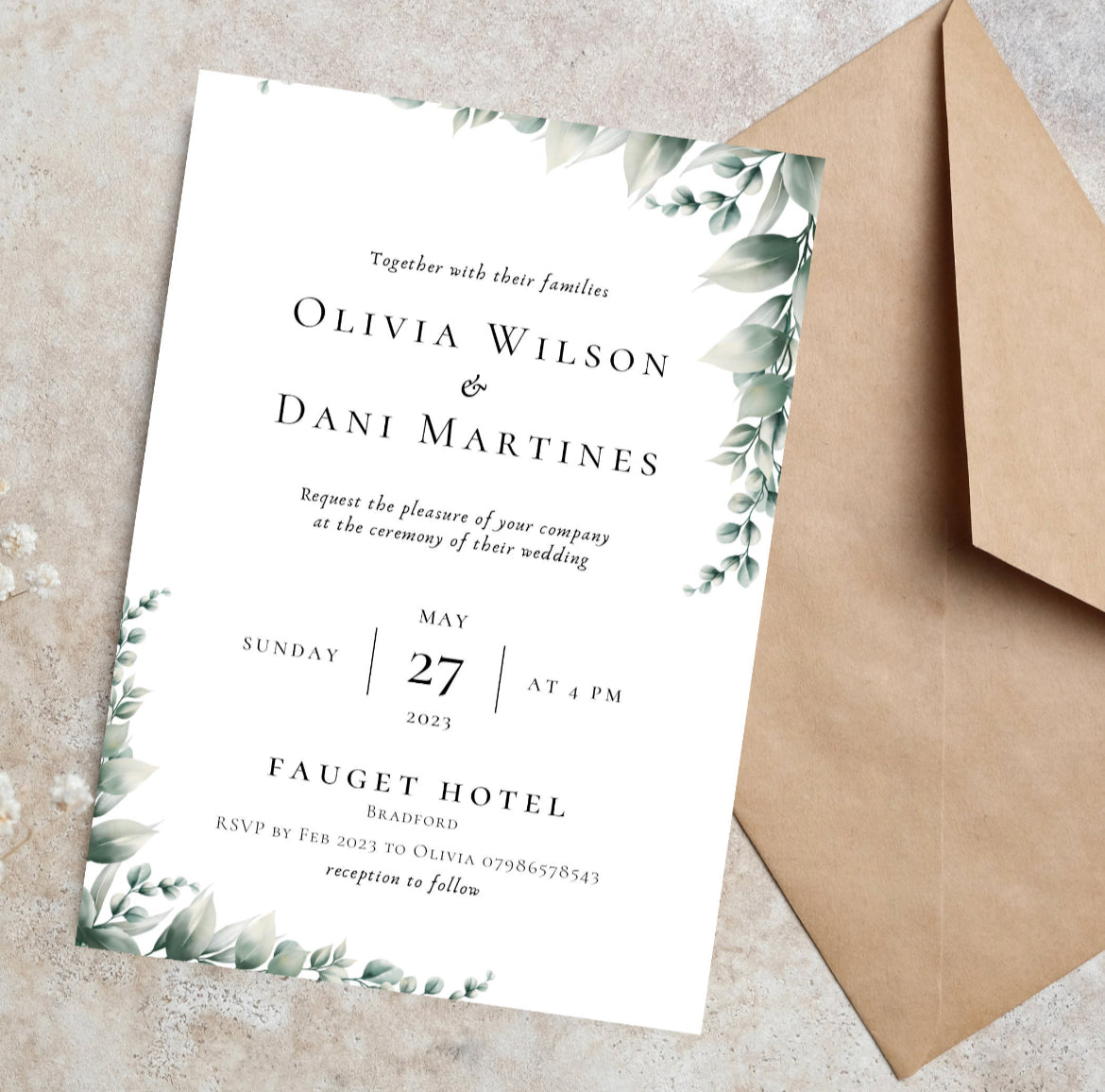 Botanical wedding and evening reception invitations