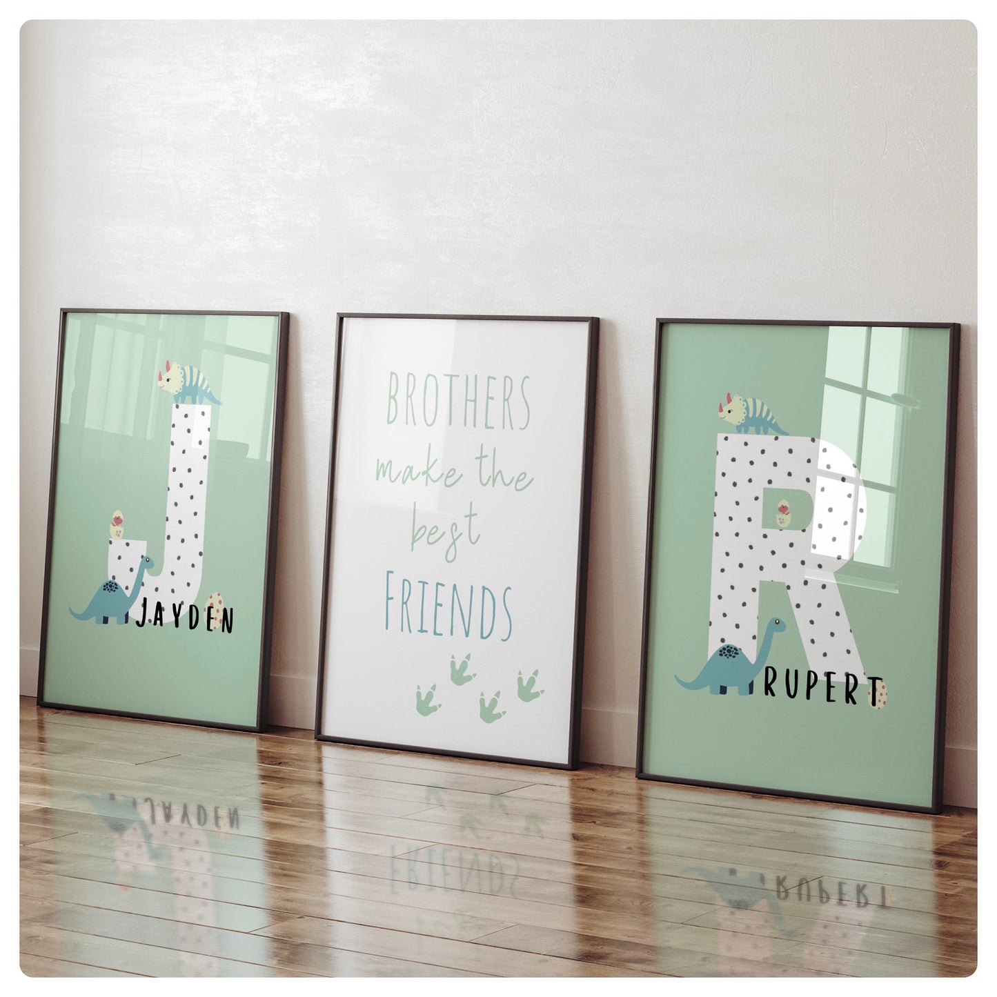 Dinosaur “ Brothers make the best friends” in blue or green personalised set of 3 prints