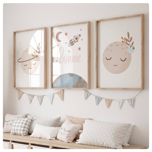 Space theme neutral girly personalised set of 3 prints