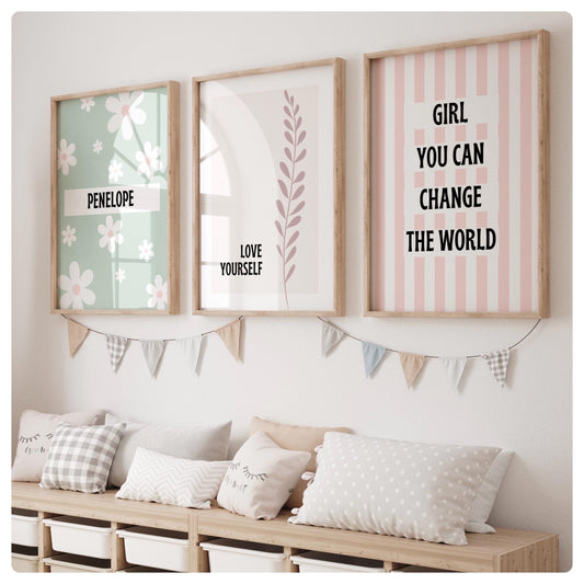 Girl you can change the world personalised set of 3 prints