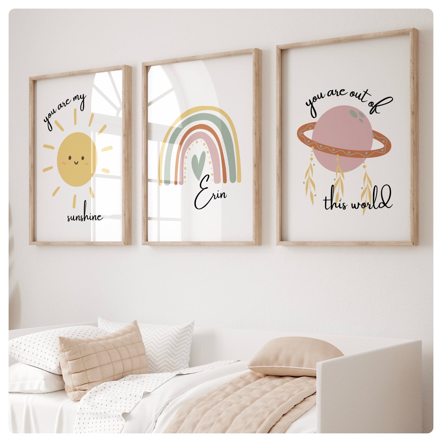 Sunshine, rainbow & planet boho style personalised set of 3 prints