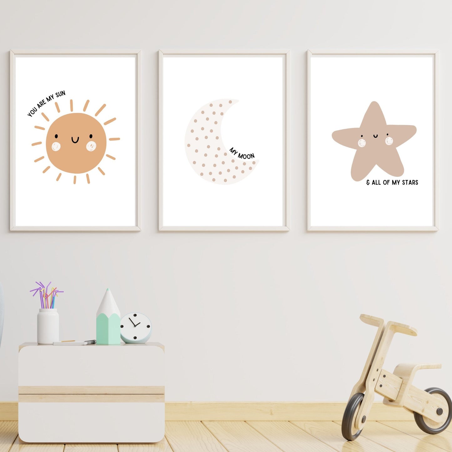 Neutral boho sun, moon & stars set of 3 prints